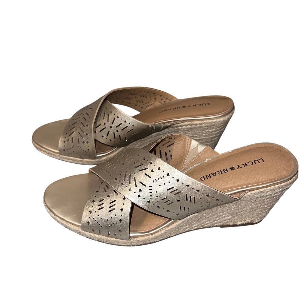 Lucky Brand Keela women’s 9.5 leather gold crisscross open Espadrille sandal 